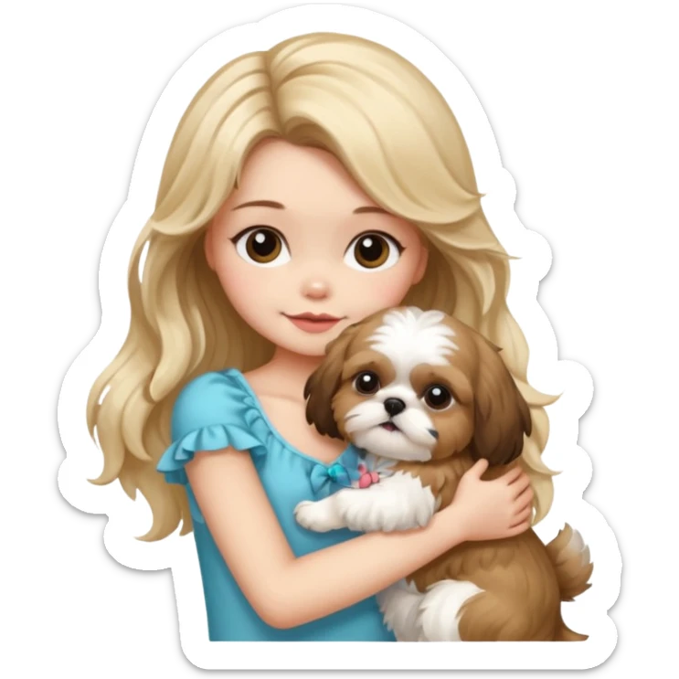 a girl with long, wavy brunette hair hugging a Shih Tzu with blonde fur and a cute bow sticker