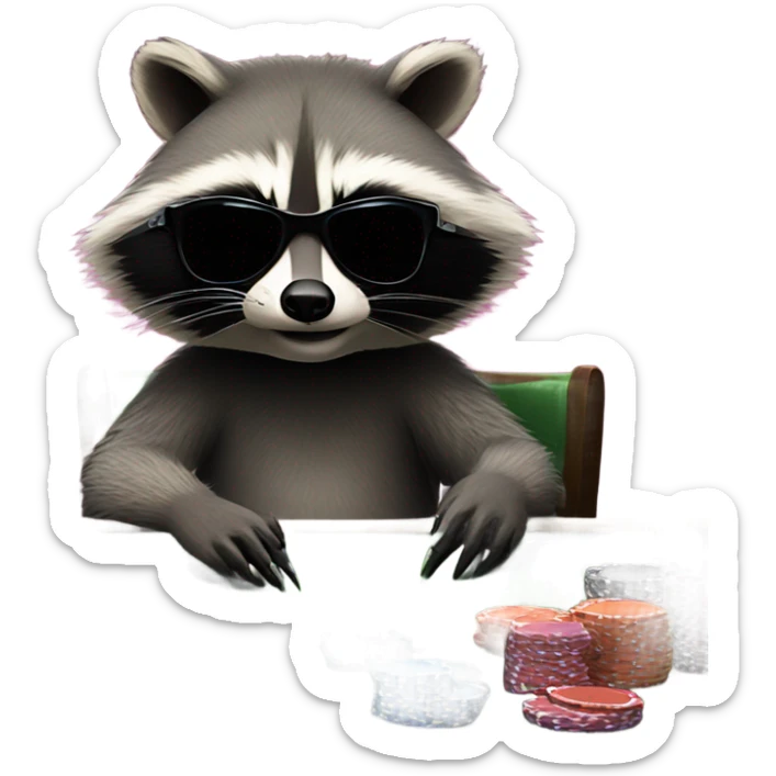 Raccoon as a professional poker player. Wearing cool black sunglasses  sticker