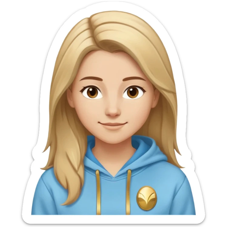 Caucasian female with oval face, straight brown-blonde mixed hair (more brown) with side part, serene smile, light blue sporty hoodie with gold and white fantasy details sticker