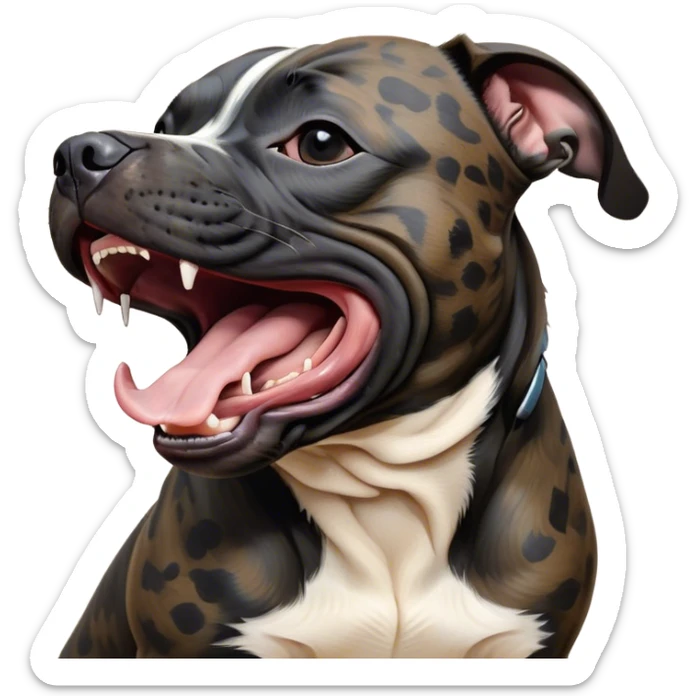 Cinematic Cute Yawning Black/Brindle Staffordshire Bull Terrier Portrait Emoji, Head tilted slightly with a dramatic, wide-open yawn, showcasing a smooth Fur with a striking black and brindle pattern, floppy ears slightly drooping, round dark eyes barely open in drowsy contentment, Simplified yet irresistibly adorable features, highly detailed, glowing with a soft, cozy glow, high shine, relaxed yet expressive, stylized with a touch of whimsy, bright and endearing, soft glowing outline, capturing the essence of a sleepy yet affectionate guardian, so drowsy it feels like it could stretch right out of the screen and curl up for a nap! sticker