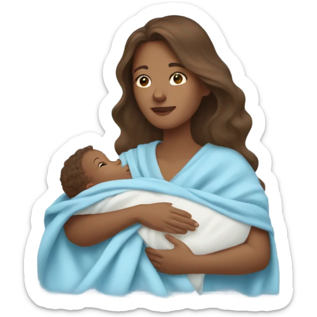 tan woman with long wavy brown hair holding newborn baby boy with light blue blanket  sticker