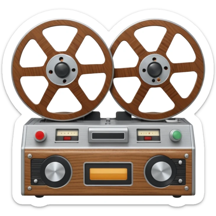 3D render of Reel-to-Reel, vintage 1980s audio equipment aesthetic, tactile analog buttons, silver metallic face with two large brown magnetic tape wheels, mixed wood grain and brushed aluminum textures, Apple emoji style, isolated on white background --v 6.0 sticker