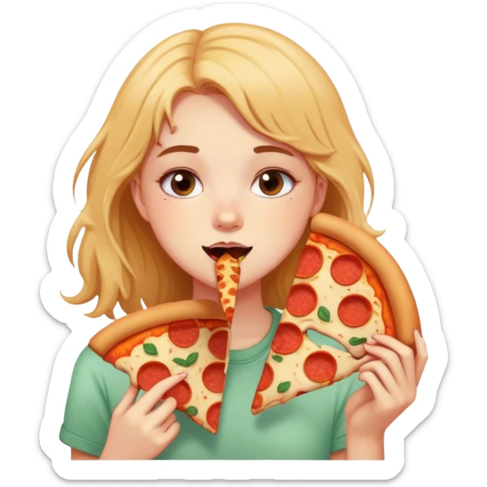 Girly cute doodle style teenage girl eating pizza sticker