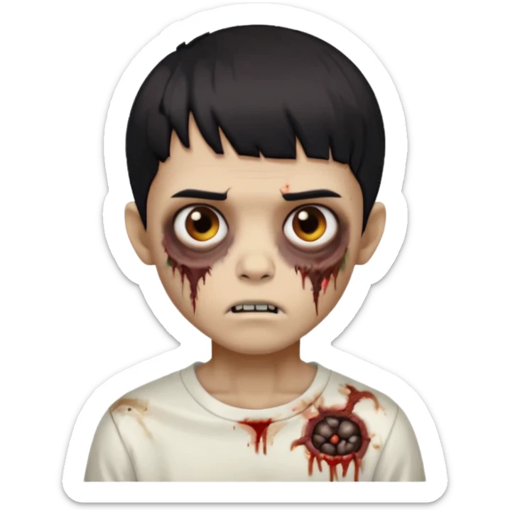 garoto zombie de cabelo liso preto com volume no formato de tigela, olhos marrom escuros, camisa branca, pele morena mas mais branca do que morena sticker
