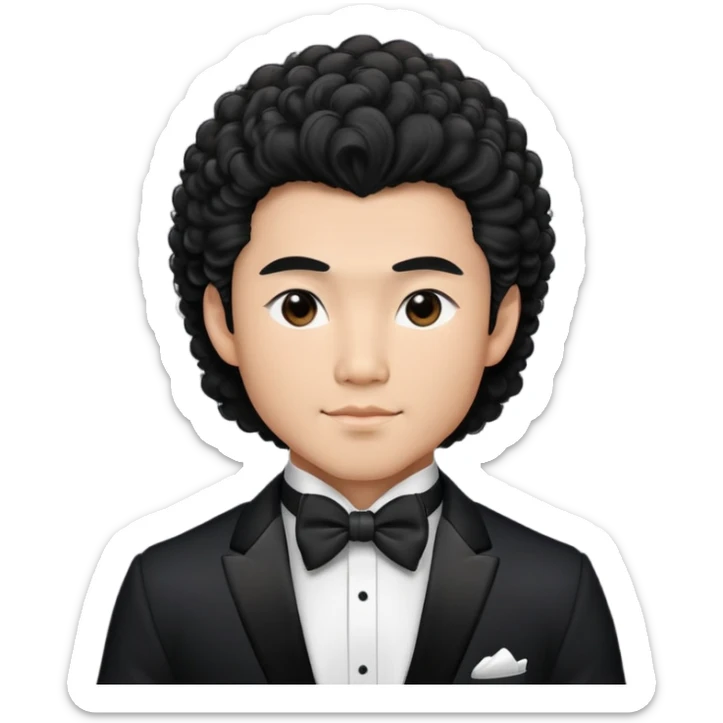 muscular asian dude rich in tuxedo with perm fluffy hair clean boy sticker