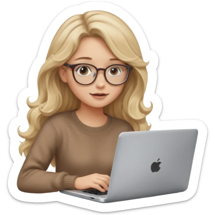 blonde girl with long dark blonde wavy hair, pantos-style glasses, a brown sweater, sitting with a laptop, looking in laptop, soft pastel, upper body shot sticker