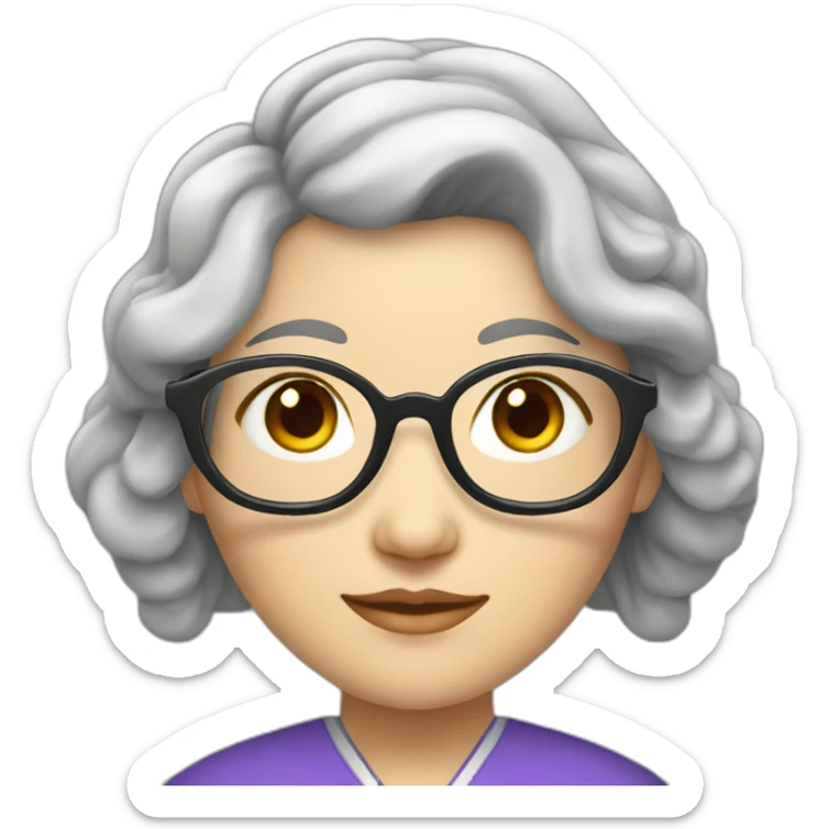 Chinese lady with lightly wavy grey hair to the shoulder lens wear glasses with Chinese dress sticker