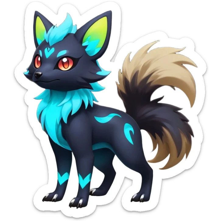 Rare realistic dark-neon glowing bioluminescent edgy badass epic pretty beautiful handsome gorgeous aesthetic colorful vibrant Vernid-Trico-Zorua-hybrid-species-Fakemon-creature by LiLaiRa, 4 legs, 1 tail, random markings, (full body) sticker