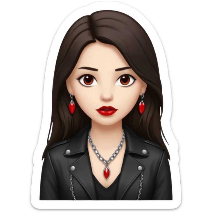brunette with very long hair in black cuir jacket with red lips and very dark brown eyes and white shirt and mysterious necklace without ear piercing sticker