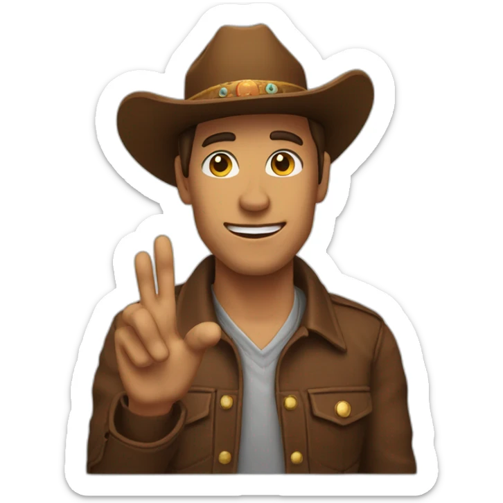 A man wearing a brown cowboy hat and waving his hand down the middle of the hat sticker