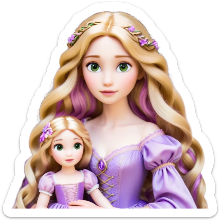 Cinematic Realistic Rapunzel Portrait, with porcelain-like skin featuring a subtle, natural glow, illuminated by soft lighting that brings out the gentle contours of her face. Her long, golden blonde hair cascades in detailed waves, each strand highlighted with a radiant shimmer as it catches the light. Her bright, expressive green eyes exude curiosity and warmth, framed by delicate lashes and soft, arched brows. Her expression is playful and vibrant, with a gentle smile. She is dressed in her classic lavender and pink gown, the fabric textured with delicate folds that flow naturally, catching the light with a soft, radiant glow. The portrait captures a luminous, enchanting aura, seamlessly blending realism with a whimsical, fairytale charm, evoking a timeless sense of beauty and magic. sticker