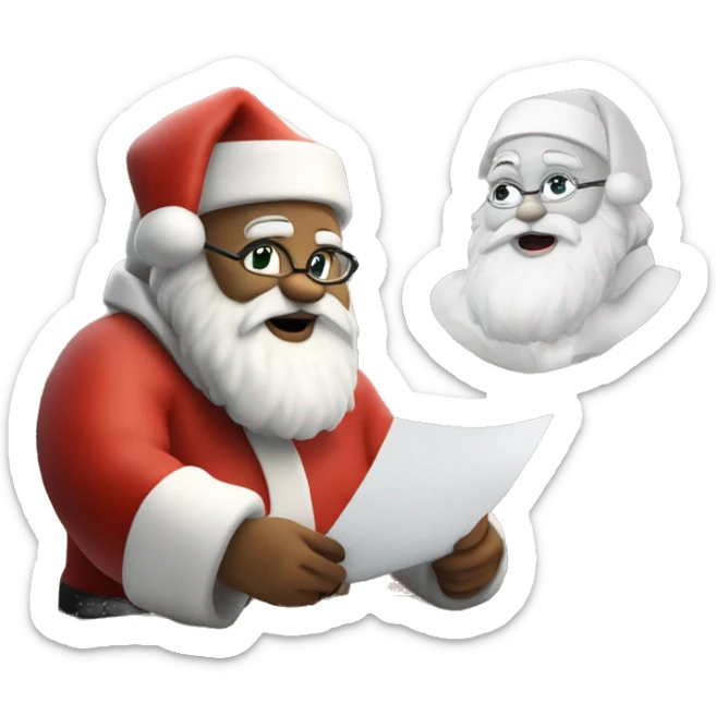 White Santa Claus is sitting on a desk, writing something down on a sheet of paper, solving complicated math puzzles sticker