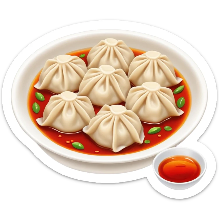 Chengdu Zhong dumplings with red oil sauce, simplified emoji style with bold outlines and bright colors, cartoon style Sichuan spicy water dumplings sticker