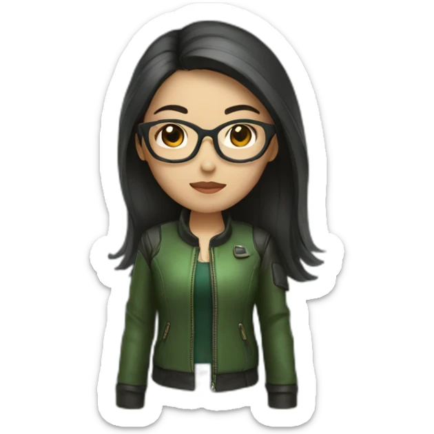 asian girl with glasses and a leather jacket with a green shirt and long dark hair sticker