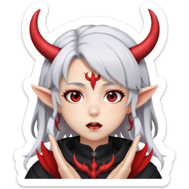 Dark style anime girl with white hair and red eyes, with horns on her head . There is an emotion of inhalation on the face sticker