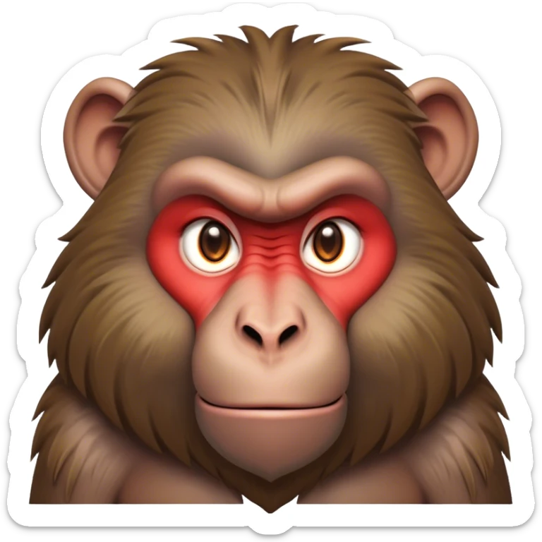 Cinematic Noble Baboon Portrait Emoji, Poised and regal, with a robust, muscular build and a richly textured Fur of earthy browns, deep-set soulful eyes with a mischievous glint, Simplified yet sharp and sophisticated features, highly detailed, glowing with a warm, dignified glow, high shine, intelligent and bold, stylized with an air of untamed urban majesty, focused and attentive, soft glowing outline, capturing the essence of a watchful and confident primate, so majestic it feels as though it could stride out of the screen with effortless authority! sticker
