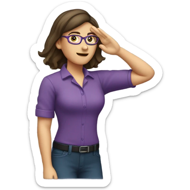 a caucasian brunette female, wearing a purple shirt and glasses, making the military salute gesture with her hand next to her head sticker