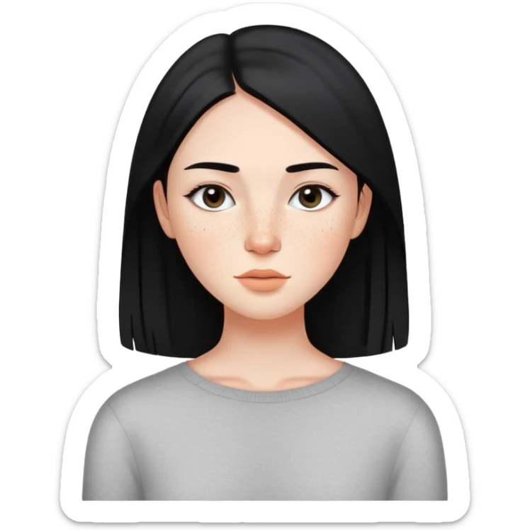 girl with smooth black straight hair, minimal makeup, and freckles on nose and cheeks sticker