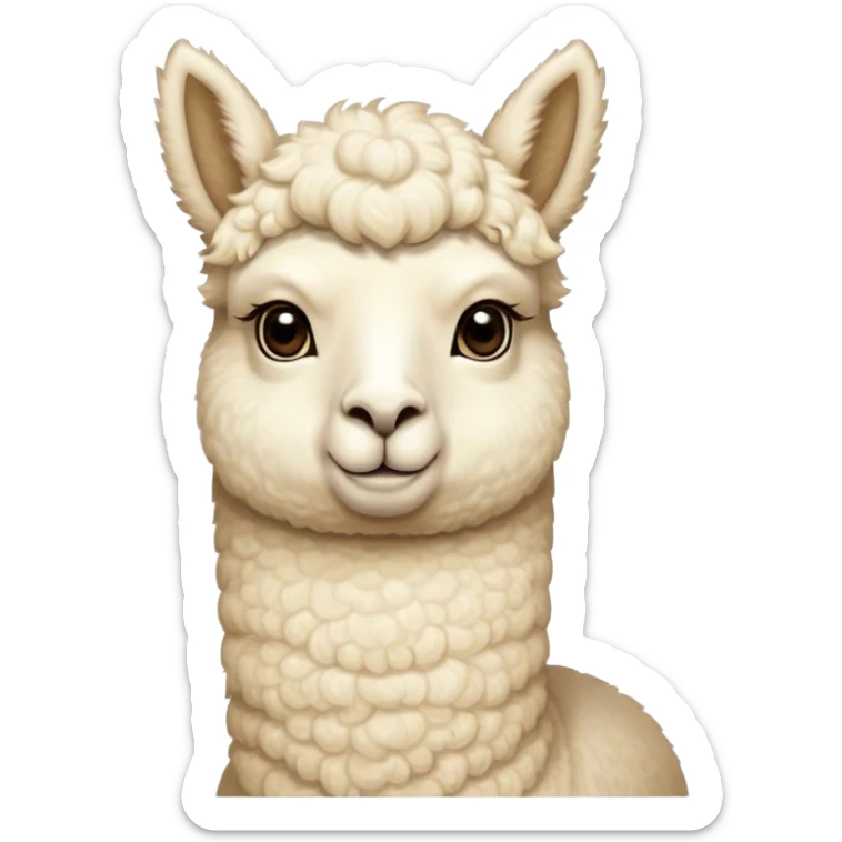 Cinematic Noble Cream Alpaca Portrait Emoji, Poised and regal, with a graceful, sturdy build and a luxuriously soft, well-groomed cream fleece, deep-set soulful gentle eyes, Simplified yet sharp and sophisticated features, highly detailed, glowing with a soft, dignified glow, high shine, intelligent and serene, stylized with an air of pastoral elegance, focused and attentive, soft glowing outline, capturing the essence of a watchful and confident companion, so majestic it feels as though it could stride out of the screen with effortless authority! sticker