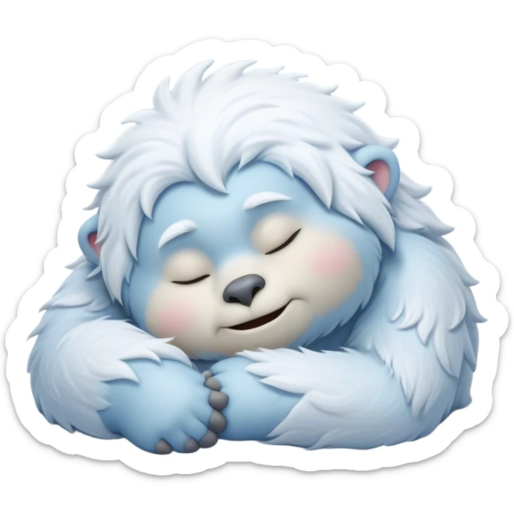 Meme-Worthy Cute Sleeping Yeti Portrait Emoji, with a charming, fluffy, snow-dusted figure in gentle whites and cool blues, head resting in blissful, serene slumber with closed, peaceful eyes and a small, contented smile, simplified yet irresistibly adorable, highly detailed with a soft frosty outline that captures the tender drowsiness of a yeti drifting into snowy dreams! sticker