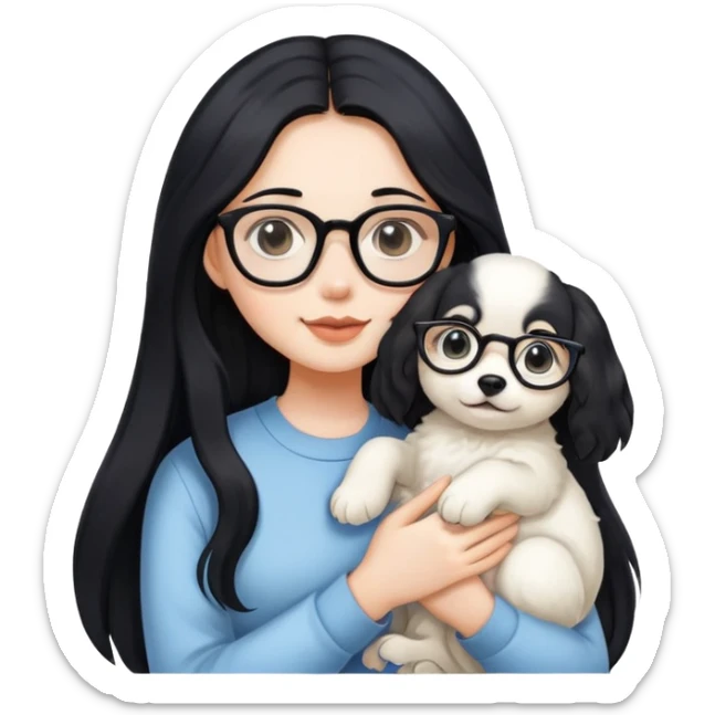 A beautiful girl with long black hair and glasses is holding a long-haired white puppy sticker
