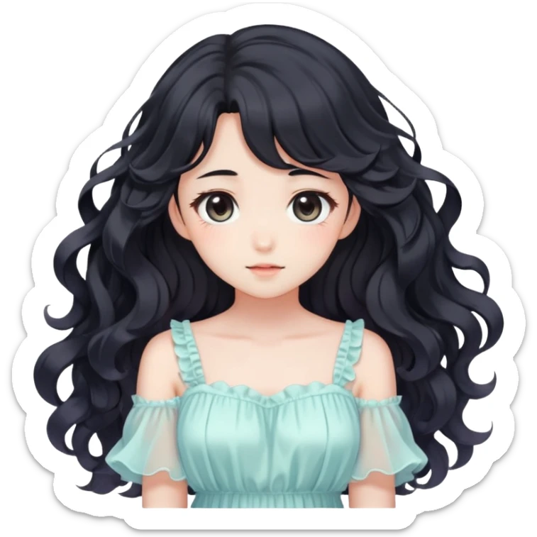Pretty anime girl with flowing black wavy hair and a soft delicate pastel dress, kawaii style sticker