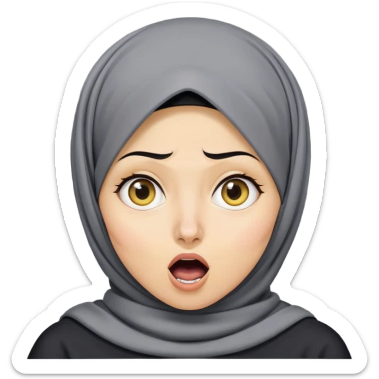 người phụ nữ 30 tuổi, da vàng, đội khăn hijab, tóc ngắn màu đen, mặt biểu cảm ngạc nhiên, mồm mở rộng hình chữ O, áo màu xám đậm sticker