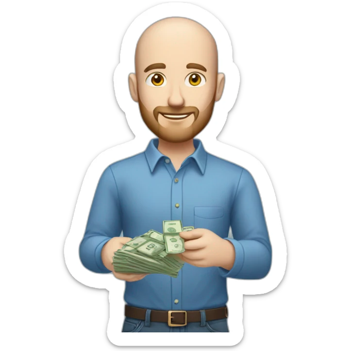 white male with small beard and almost bald  smart casual blue shirt holding money full profile sticker