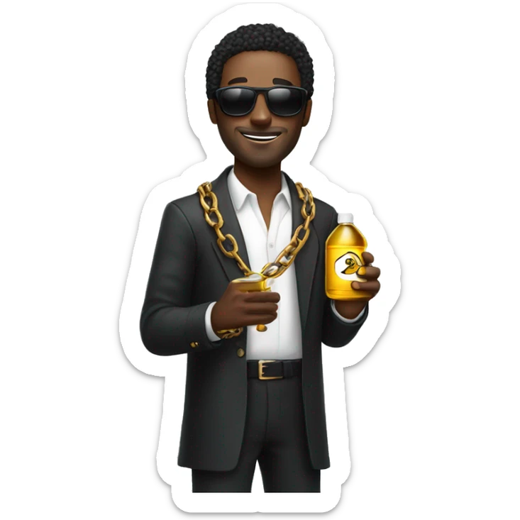 black man with a big chain and sunglasses holding a bottle of oil sticker