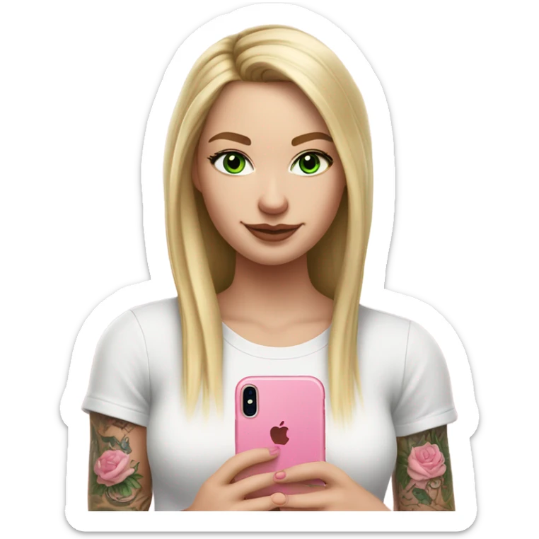 Realistic White girl with Long straight blonde hair, green eyes, tattoos, full body wearing white crop top, holding pink iphone sticker