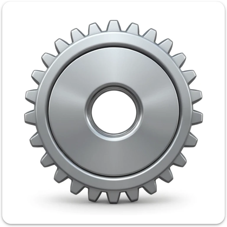 3D emoji of a gear or settings icon in Apple iOS emoji style, metallic silver finish, realistic shading, soft shadows, centered on a white background, rounded edges, glossy surface, resembles iPhone Settings icon, 4K resolution sticker