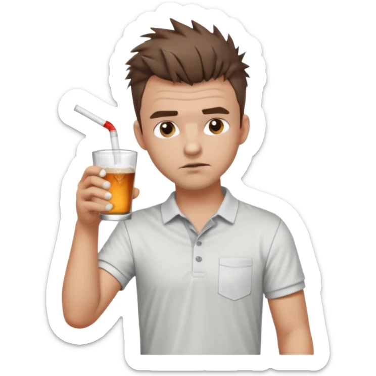 Handsome male.short messy brown hair.mowhawk hairstyle. wearing white golf shirt.grey shorts. Drinking shooter . Drunk. Remove straw sticker