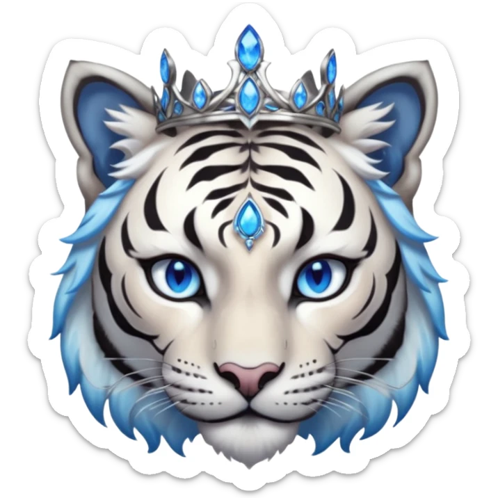 ESO Female white/black tiger khajiit leader of the umbral rose, glowing blue eyes, glowing blue 'third eye' gem; shadow umbral gem silver tiara sticker