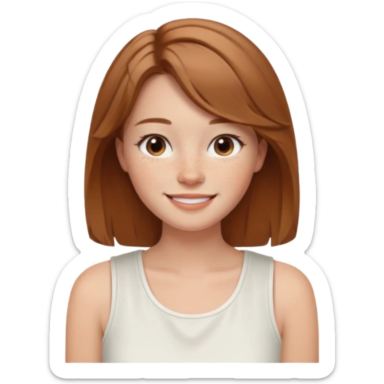 emoji of a woman named Freya McOmish, smiling, light brown hair, subtle freckles, modern casual style, wearing a white sleeveless top sticker