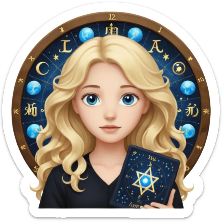A long wavy haired blonde girl with blue eyes, wearing black, holding astrology natal chart. sticker