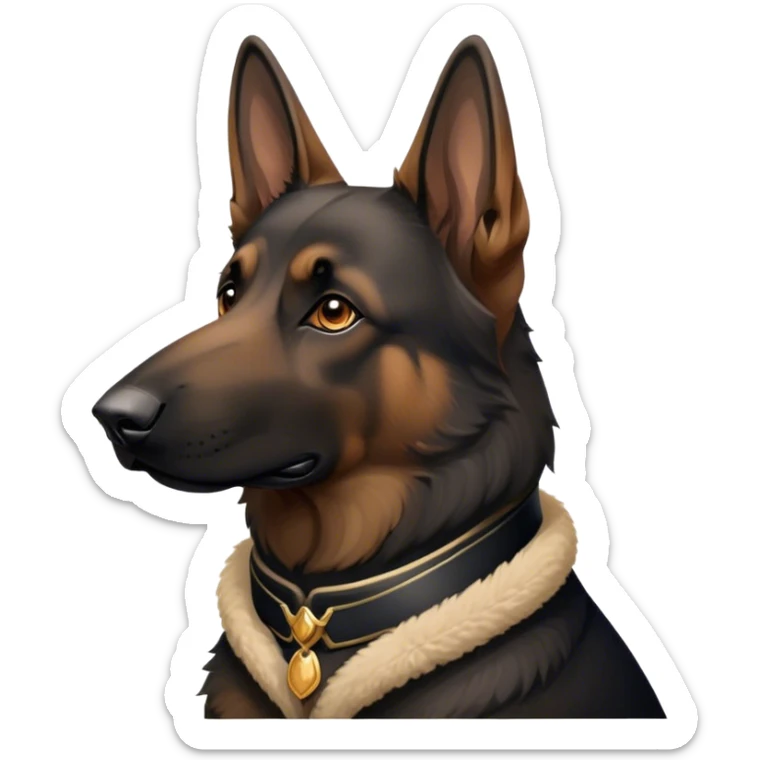 Cinematic Noble Tan/Black German Shepherd Portrait Emoji, Poised and regal, with a strong, athletic build and a dense, well-groomed coat in rich tan accented by a classic black saddle, deep-set soulful brown eyes, Simplified yet sharp and sophisticated features, highly detailed, glowing with a soft, dignified glow, high shine, intelligent and loyal, stylized with an air of authority, focused and attentive, soft glowing outline, capturing the essence of a watchful and commanding guardian, so majestic it feels as though it could stride out of the screen with effortless authority! sticker
