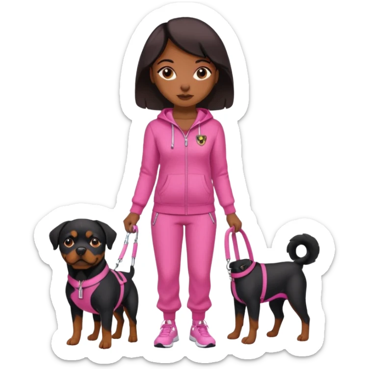 Rottweiler on leash by African American woman in all pink track suit sticker