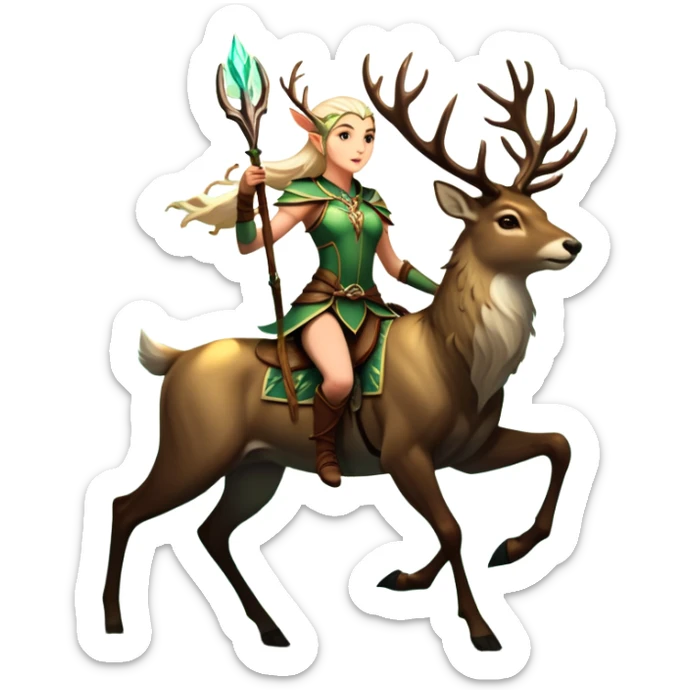 An icon representing an adventure game, inspired by high-fantasy RPGs. The design features a swift and agile elven ranger riding a majestic stag through an ancient forest, its antlers glowing faintly with mystical energy. Sunlight filters through towering trees, creating a sense of mystery, nature, and adventure. Transparent background. sticker
