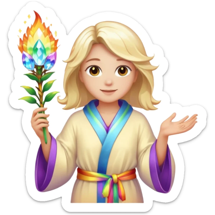 a being made of light of light with a robe on made of light and who is lanky holding a bouquet of crystal flowers on rainbow fire sticker