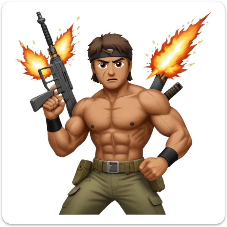 Icon for Action Movies: Rambo in the lead role, in an intense action pose with weapons, explosions, and dramatic background. The design should evoke the classic action movie feel with muscle-bound heroes and high-energy sequences. Transparent background. sticker