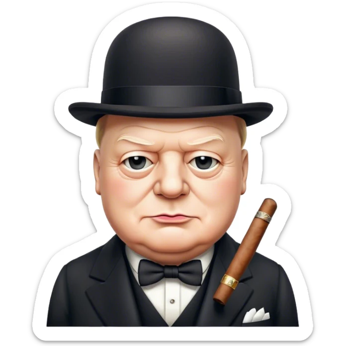 Cinematic Realistic Winston Churchill Portrait Emoji, depicted as a resolute British statesman with a signature bowler hat and a cigar, exuding determined leadership and wartime valor, rendered with lifelike textures and dramatic vintage lighting that captures his iconic British spirit. sticker