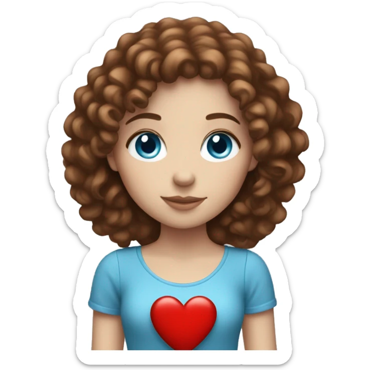 A white girl with blue eyes and brown curly hair holding a red heart sticker