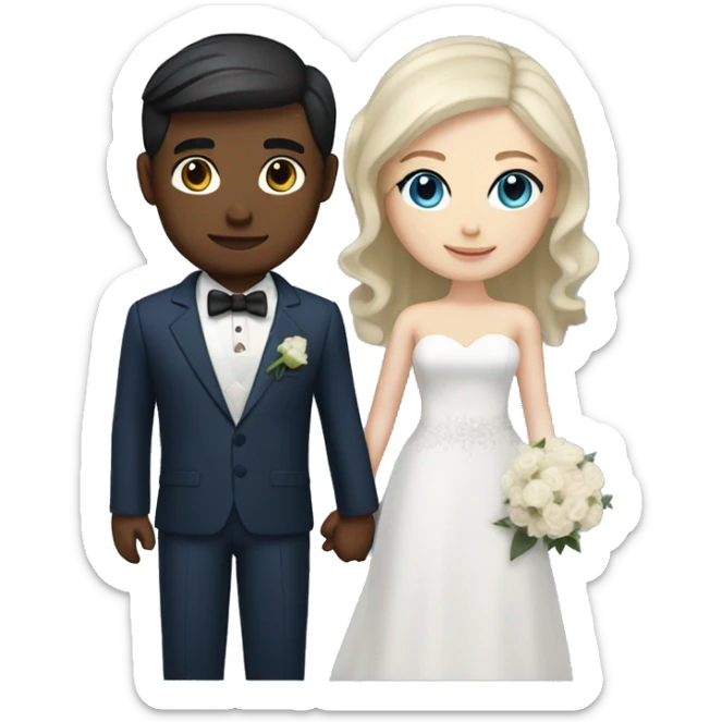Wedding couple, groom fair skin with dark brown hair and dark brown eyes, bright with white skin blonde hair and blue eyes and dark blue suit sticker