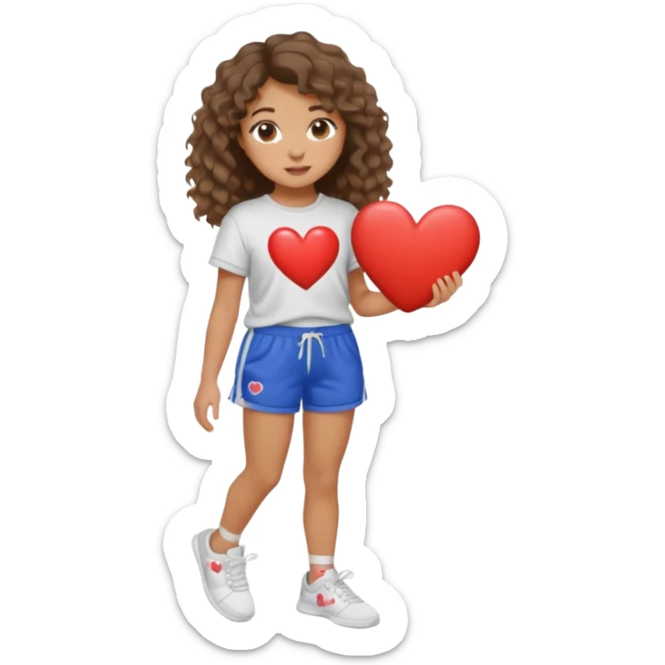 A girl with wavy but slightly curly hair wearing sweatshorts and a shirt and cute sneakers and their skin color is tan but not so tan with slightly long lashes holding a heart and the heart says “i 🤍 you” sticker