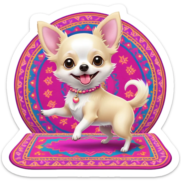 Wonderful white hairy chihuahua with pale pink tongue out, dancing on a colourful flying carpet sticker
