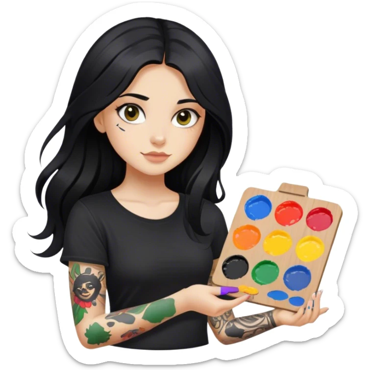 A girl with long black hair  light complexion and hazel eyes and black tattoos on right arm holding a paint palette  wearing black shirt sticker