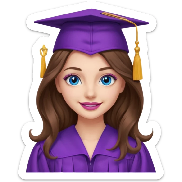 girl with long wavy brown hair, blue eyes, long lashes makeup, sexy pink lips, wearing a purple graduation cap and gown sticker
