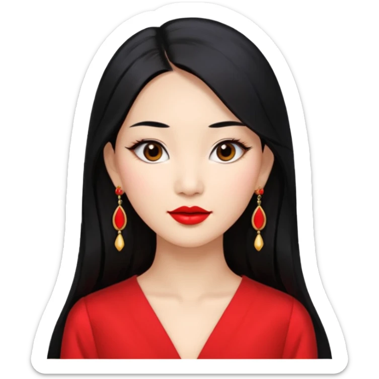 30 yr old asian woman, center part straight long black hair, very pretty, fancy dress, earings, red lipstick sticker