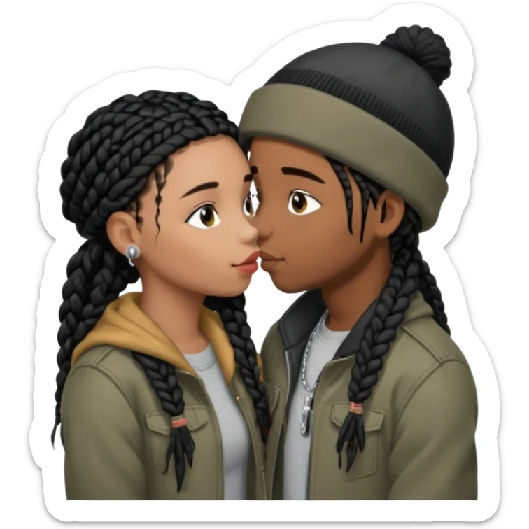 The girl and boy kissing emoji but the girl is a brown skin girl with black braids and has cute lashes, and lipgloss, and the boy is a brown skin boy with brown dreads, a black beanie, and a grey jacket sticker