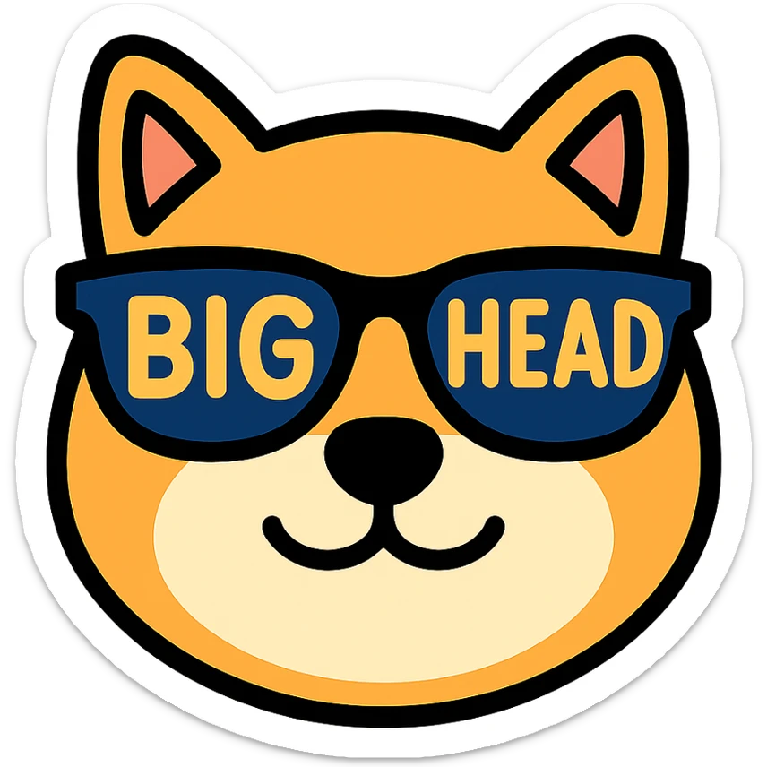 close-up of a Shiba Inu face wearing sunglasses with the text 'BIG HEAD' inside the sunglasses lenses sticker